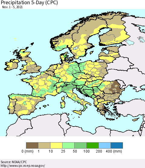 Europe Precipitation 5-Day (CPC) Thematic Map For 11/1/2021 - 11/5/2021