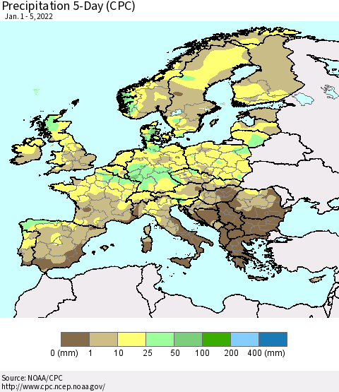 Europe Precipitation 5-Day (CPC) Thematic Map For 1/1/2022 - 1/5/2022