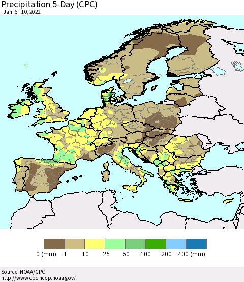 Europe Precipitation 5-Day (CPC) Thematic Map For 1/6/2022 - 1/10/2022