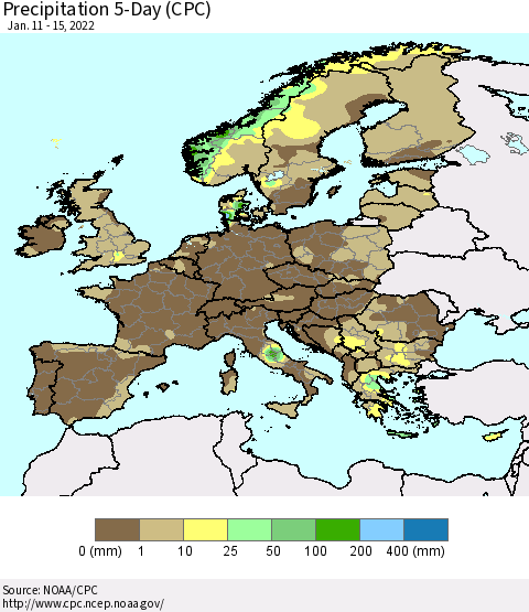 Europe Precipitation 5-Day (CPC) Thematic Map For 1/11/2022 - 1/15/2022