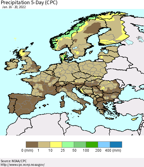 Europe Precipitation 5-Day (CPC) Thematic Map For 1/16/2022 - 1/20/2022