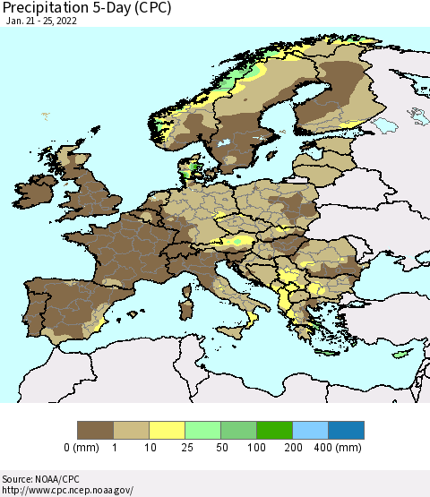 Europe Precipitation 5-Day (CPC) Thematic Map For 1/21/2022 - 1/25/2022