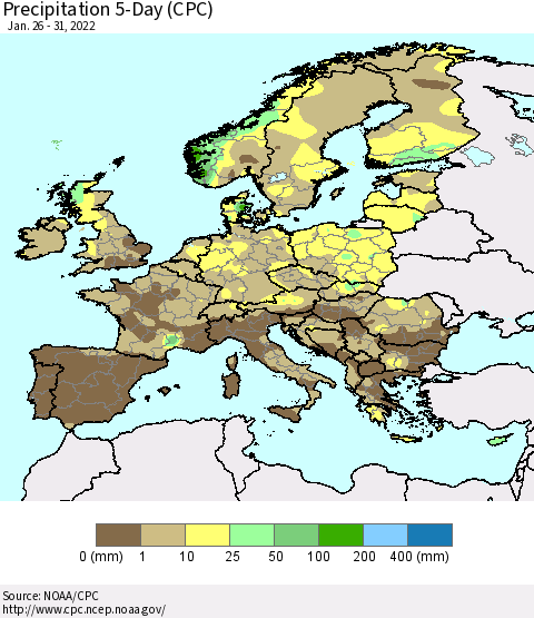 Europe Precipitation 5-Day (CPC) Thematic Map For 1/26/2022 - 1/31/2022