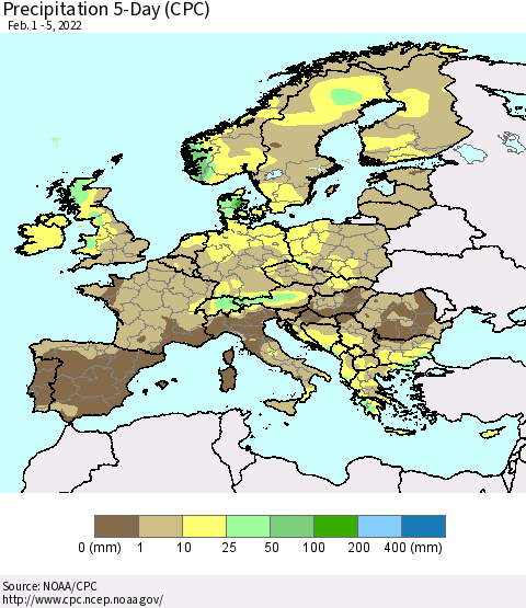 Europe Precipitation 5-Day (CPC) Thematic Map For 2/1/2022 - 2/5/2022