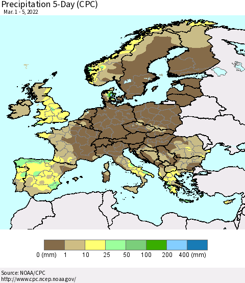 Europe Precipitation 5-Day (CPC) Thematic Map For 3/1/2022 - 3/5/2022