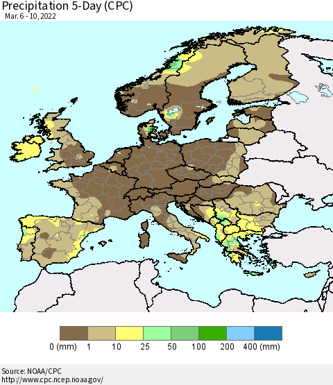 Europe Precipitation 5-Day (CPC) Thematic Map For 3/6/2022 - 3/10/2022