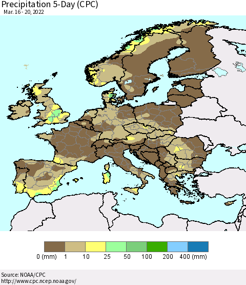 Europe Precipitation 5-Day (CPC) Thematic Map For 3/16/2022 - 3/20/2022