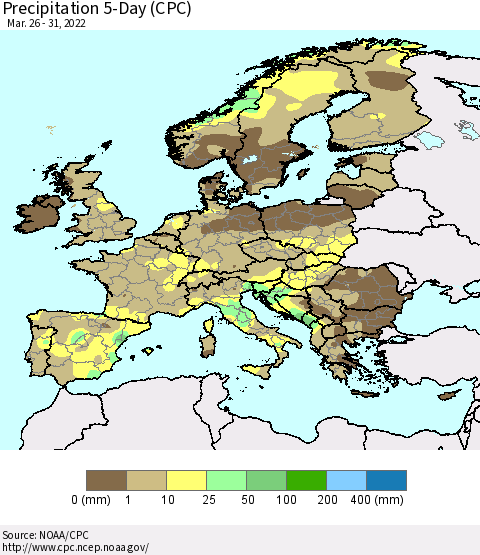 Europe Precipitation 5-Day (CPC) Thematic Map For 3/26/2022 - 3/31/2022