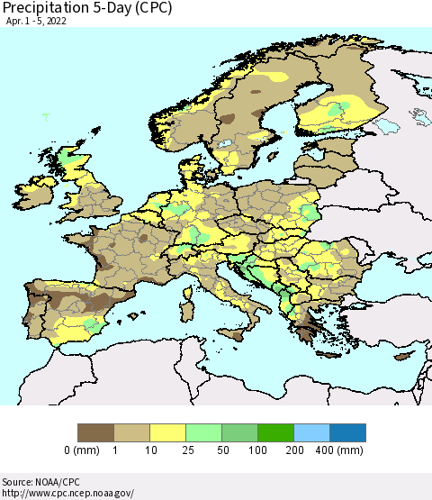 Europe Precipitation 5-Day (CPC) Thematic Map For 4/1/2022 - 4/5/2022
