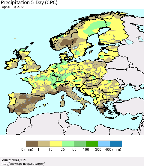 Europe Precipitation 5-Day (CPC) Thematic Map For 4/6/2022 - 4/10/2022