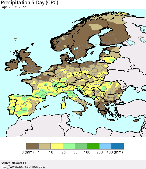 Europe Precipitation 5-Day (CPC) Thematic Map For 4/21/2022 - 4/25/2022