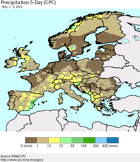 Europe Precipitation 5-Day (CPC) Thematic Map For 5/1/2022 - 5/5/2022