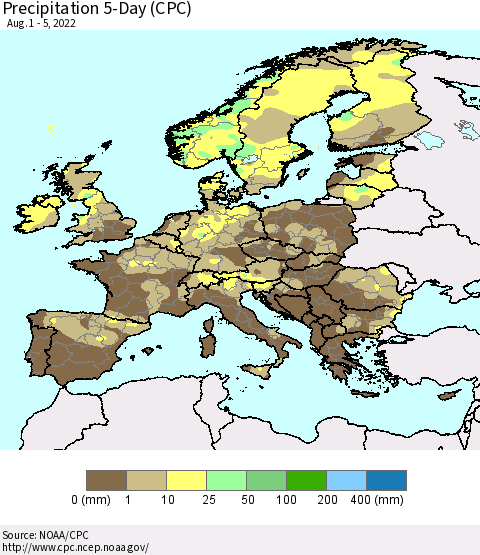 Europe Precipitation 5-Day (CPC) Thematic Map For 8/1/2022 - 8/5/2022