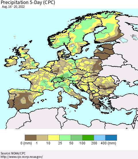 Europe Precipitation 5-Day (CPC) Thematic Map For 8/16/2022 - 8/20/2022