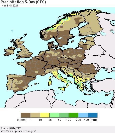 Europe Precipitation 5-Day (CPC) Thematic Map For 3/1/2023 - 3/5/2023