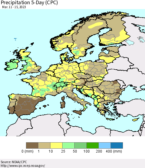 Europe Precipitation 5-Day (CPC) Thematic Map For 3/11/2023 - 3/15/2023