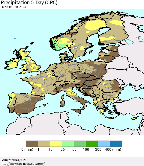 Europe Precipitation 5-Day (CPC) Thematic Map For 3/16/2023 - 3/20/2023