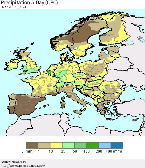 Europe Precipitation 5-Day (CPC) Thematic Map For 3/26/2023 - 3/31/2023