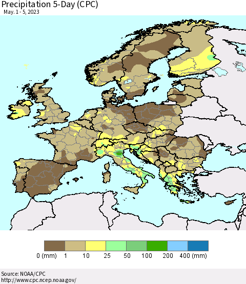 Europe Precipitation 5-Day (CPC) Thematic Map For 5/1/2023 - 5/5/2023