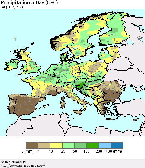 Europe Precipitation 5-Day (CPC) Thematic Map For 8/1/2023 - 8/5/2023