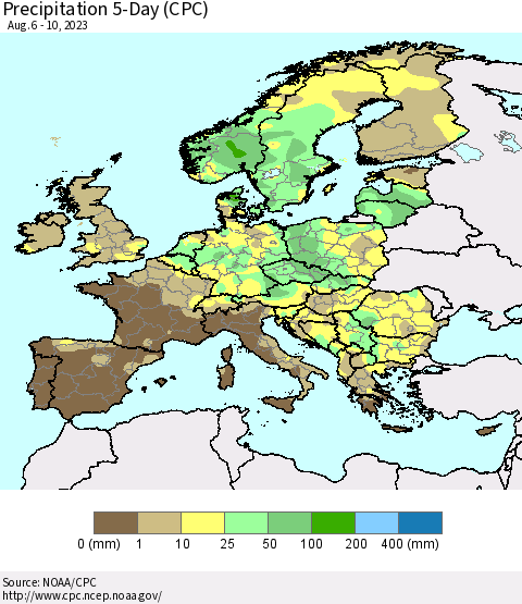 Europe Precipitation 5-Day (CPC) Thematic Map For 8/6/2023 - 8/10/2023