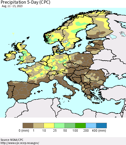 Europe Precipitation 5-Day (CPC) Thematic Map For 8/11/2023 - 8/15/2023