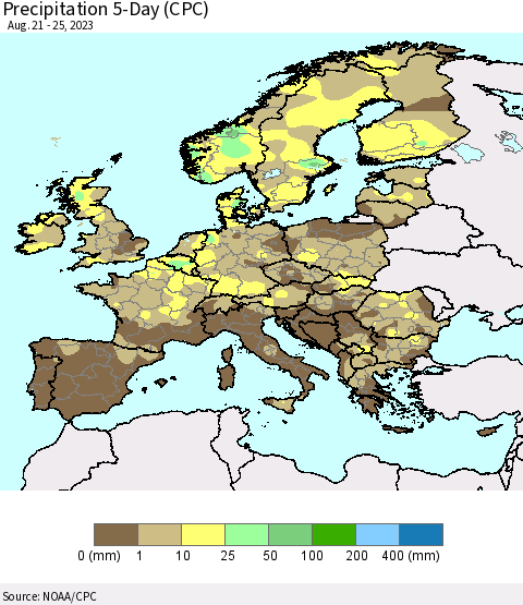 Europe Precipitation 5-Day (CPC) Thematic Map For 8/21/2023 - 8/25/2023
