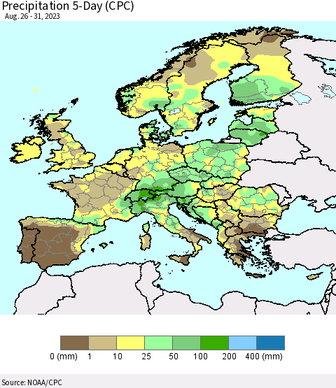 Europe Precipitation 5-Day (CPC) Thematic Map For 8/26/2023 - 8/31/2023