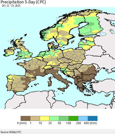 Europe Precipitation 5-Day (CPC) Thematic Map For 10/11/2023 - 10/15/2023