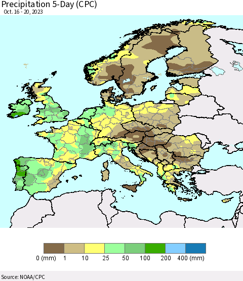 Europe Precipitation 5-Day (CPC) Thematic Map For 10/16/2023 - 10/20/2023