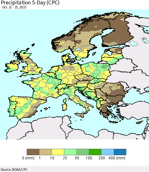Europe Precipitation 5-Day (CPC) Thematic Map For 10/21/2023 - 10/25/2023