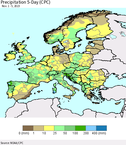 Europe Precipitation 5-Day (CPC) Thematic Map For 11/1/2023 - 11/5/2023