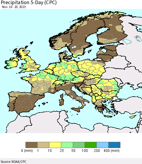 Europe Precipitation 5-Day (CPC) Thematic Map For 11/16/2023 - 11/20/2023