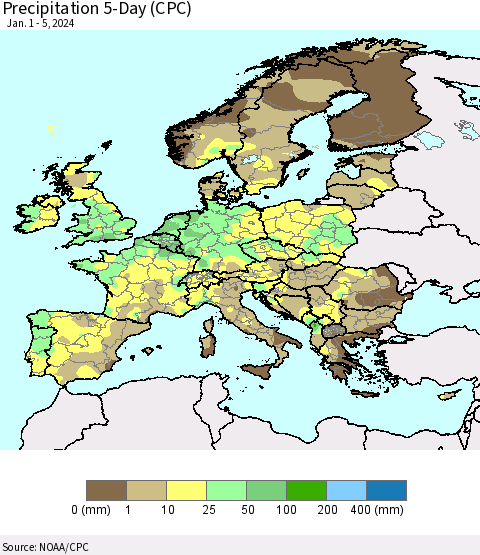 Europe Precipitation 5-Day (CPC) Thematic Map For 1/1/2024 - 1/5/2024