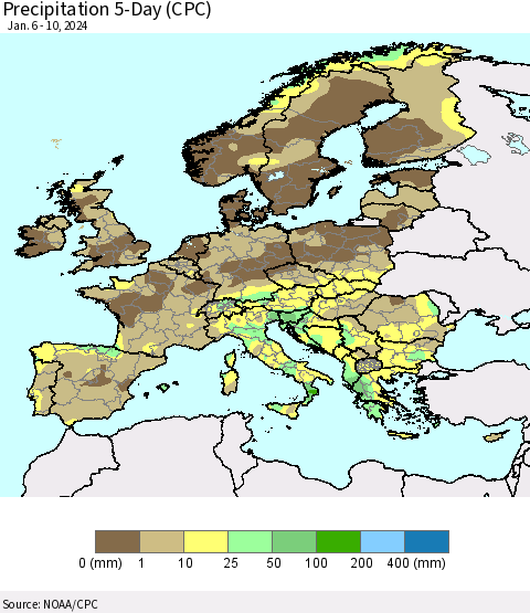 Europe Precipitation 5-Day (CPC) Thematic Map For 1/6/2024 - 1/10/2024