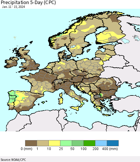 Europe Precipitation 5-Day (CPC) Thematic Map For 1/11/2024 - 1/15/2024