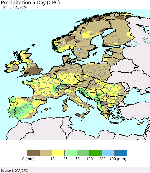 Europe Precipitation 5-Day (CPC) Thematic Map For 1/16/2024 - 1/20/2024