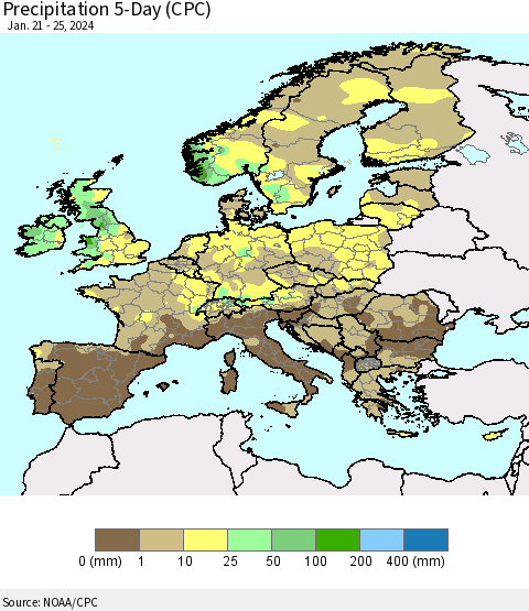 Europe Precipitation 5-Day (CPC) Thematic Map For 1/21/2024 - 1/25/2024