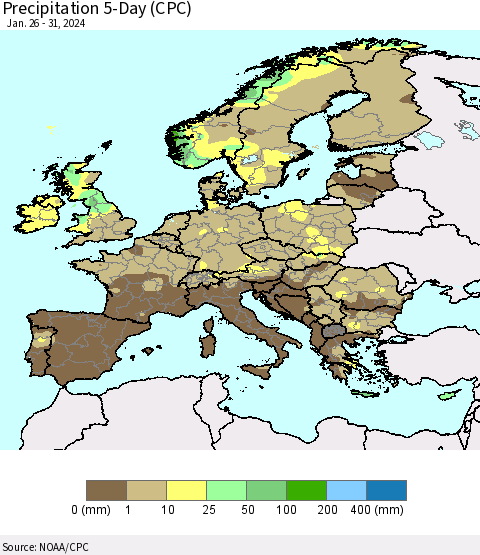 Europe Precipitation 5-Day (CPC) Thematic Map For 1/26/2024 - 1/31/2024