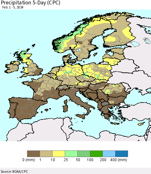 Europe Precipitation 5-Day (CPC) Thematic Map For 2/1/2024 - 2/5/2024