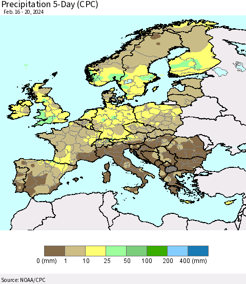 Europe Precipitation 5-Day (CPC) Thematic Map For 2/16/2024 - 2/20/2024