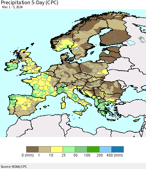Europe Precipitation 5-Day (CPC) Thematic Map For 3/1/2024 - 3/5/2024