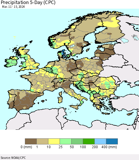 Europe Precipitation 5-Day (CPC) Thematic Map For 3/11/2024 - 3/15/2024