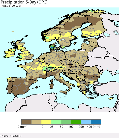 Europe Precipitation 5-Day (CPC) Thematic Map For 3/16/2024 - 3/20/2024