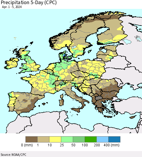 Europe Precipitation 5-Day (CPC) Thematic Map For 4/1/2024 - 4/5/2024
