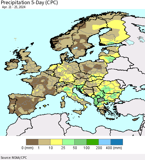 Europe Precipitation 5-Day (CPC) Thematic Map For 4/21/2024 - 4/25/2024