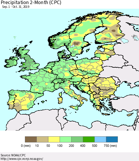 Europe Precipitation 2-Month (CPC) Thematic Map For 9/1/2019 - 10/31/2019