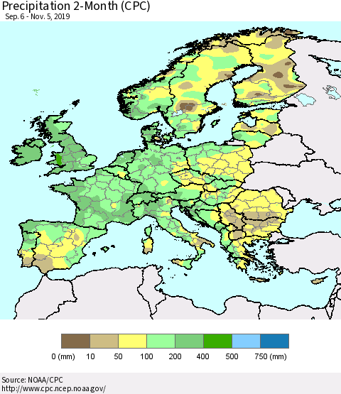 Europe Precipitation 2-Month (CPC) Thematic Map For 9/6/2019 - 11/5/2019