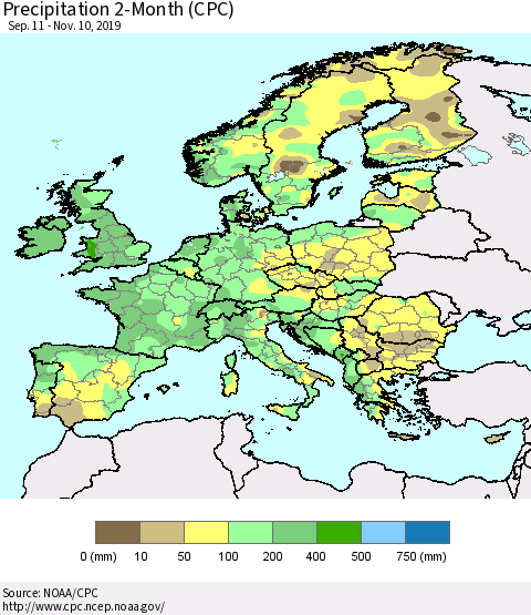 Europe Precipitation 2-Month (CPC) Thematic Map For 9/11/2019 - 11/10/2019