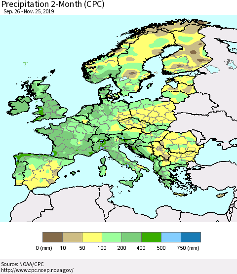 Europe Precipitation 2-Month (CPC) Thematic Map For 9/26/2019 - 11/25/2019